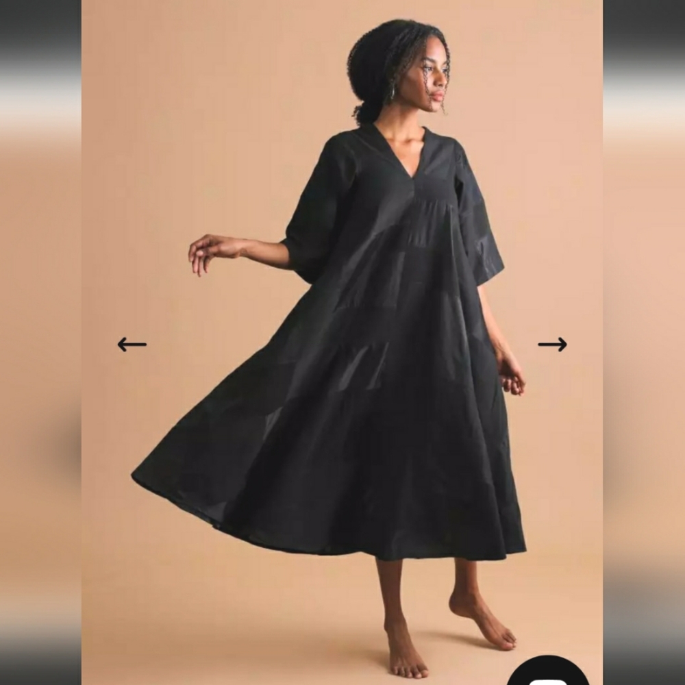 Silk Cotton Midi V-Neck Dress - Relaxed Swing Silhouette